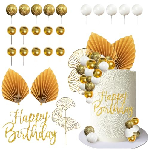 24 Stück Kugeln Tortendeko Mini-Ballons Cake Topper Kuchen Deko Happy Birthday Topper Gold Palmblatt Fächer Tortenaufleger Ginkgoblatt Geburtstagstorte Deko für Party, Geburtstag, DIY (A)