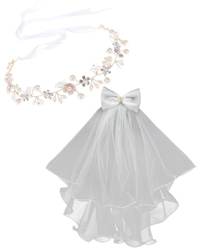 SCJJZ 2pcs,Schleier Braut haarschmuck,Weißer Schleier mit Perlen Schleife,Braut Haarschmuck mit Haarspange,Weiße Perlen Haarreif Kopfbedeckung,Eleganter Brautschleier für Junggesellenabschied Hochzeit