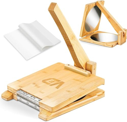 Tortilla-Presse aus Holz, 25,4 cm, Toti-Maker mit 22,9 cm Edelstahl-Patch, Tortilla-Presse mit 50 Stück Pergamentpapier, robuste Prensa Para Tortillas