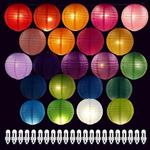 LEKEFETO 22 Stück Bunte Lampions Papierlaterne mit 22 Stück Warmweiß LED-Ballons Lichter, Bunt Runde Papierlaterne Papier Laterne, Papier Lampenschirm, für Hochtzeit Party Geburtstage - 20 cm