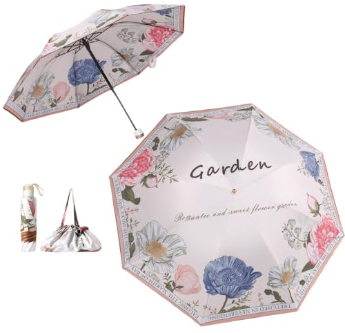 Meichoon UPF50+ Paraguas con bolso Protección UV Portátil Ligero Impermeable Sombrilla de doble capa Diseño mejorado a prueba de viento Flor clásica retro Estilo vintage para mujer Viajes