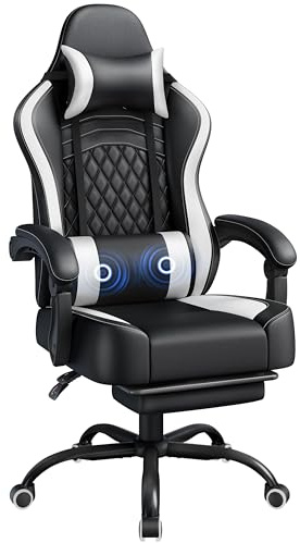 Soberine Sedia da Gaming Massaggiante, Sedia da Ufficio con Poggiatesta, Poggiapiedi e Cuscino Lombare, 360° Girevole, Regolabile in Altezza, Poltrona Gaming per Computer, Ufficio (Nero/Bianco)