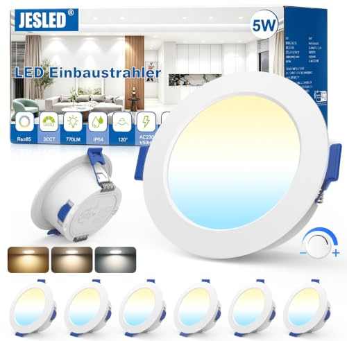 JESLED LED Einbaustrahler 230V Dimmbar, 68mm-78mm Lochmaß IP54 Deckenspots | 6er Set, 5W 770LM 3000K/4000K/6500K 3CCT Spots Deckenleuchte Für Badezimmer Küche Wohnzimmer, Einbauspots, Rund Weiss