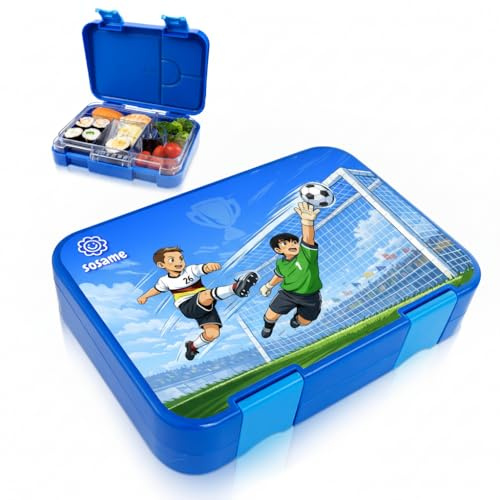 sosame Brotdose für Kinder mit 6 Fächern - Bento Lunchbox auslaufsicher - Jausenbox für Schule & Kindergarten (Blau-Fussball)