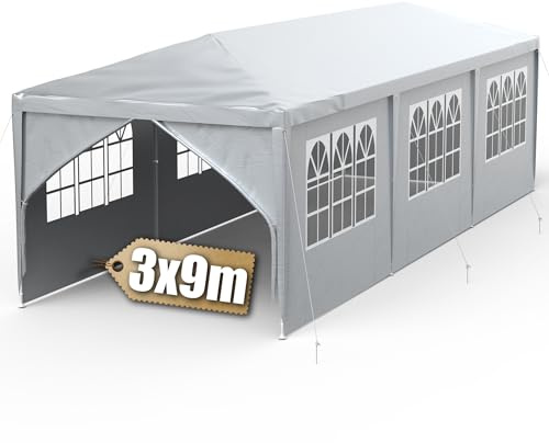 Suusolny 3x9m Pavillon Stabil Partyzelt Wasserdicht Winterfest Gartenpavillon mit Erdankern Pavillon mit Seitenwänden & Fenster Festzelt für Hochzeit Innenhof Grau