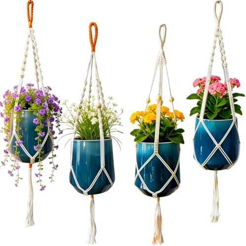 JanFebMar 4er Set Makramee Blumenampel, Boho Deko Blumentopf Hängend, Pflanzenhänger Innen und Außen, Baumwolle Pflanzkorb für die Dekoration von Innenräumen und Außenbalkonen
