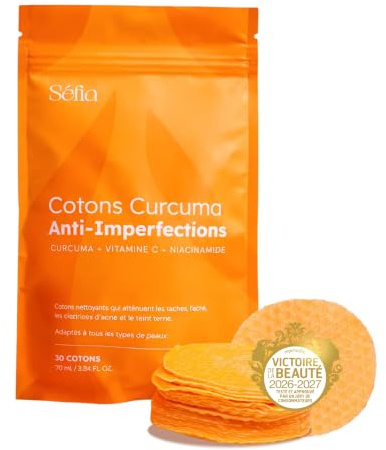 Séfia - Cotons anti-imperfections visage & corps - 30 cotons - Curcuma + Vitamine C + Niacinamide - Aide à atténuer l'apparence des taches - Tous types de peaux (Recharge (30 cotons))