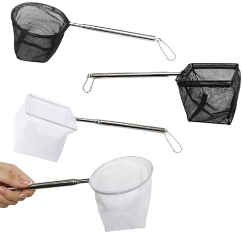 4 Pcs Aquarium Net, Pond Net And Fish Net Set, Small Fish Tank Net For Aquarium Maintenance, Extendable Stainless Steel Handle Shrimp Nets, White And Black Small Round And Square Nets