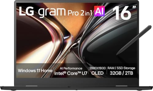 LG gram Pro 2in1 16T95TP-K.AD8BGN 16 Zoll WQXGA+ OLED Touch Notebook, Intel Core Ultra 7 255H, Intel Arc 140T, 32GB RAM, 2TB SSD, federleicht (1,399 kg), gram AI, 77 Wh, 2X Thunderbolt 4, Schwarz