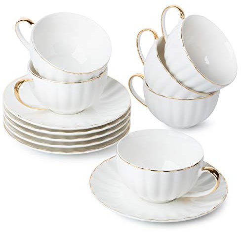 BTaT- Teetassen und Untertassen, 6er Set (200 ml) mit Goldrand und Geschenkbox, Cappuccinotassen, Kaffeetassen, weiße Teetassen Set, britische Kaffeetassen, Espressotasse, weiße Tasse