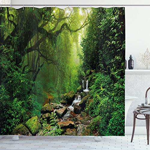 ABAKUHAUS Natur Duschvorhang, Idyllische Wald Entwurf, Stoffliches Gewebe Badezimmerdekorationsset mit Haken, 175 x 180 cm, Jägergrün Smaragdgrün