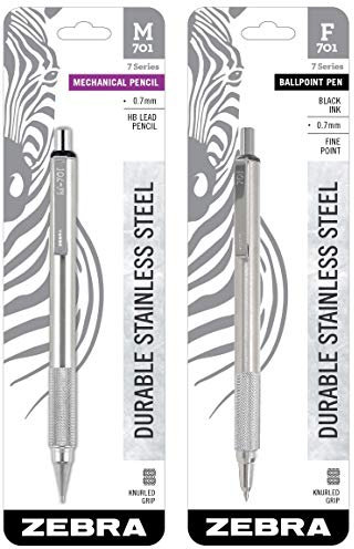 Zebra Modell F/M 701 Druckbleistift und Kugelschreiber, Edelstahl, feine Spitze, 0,7 mm Mine, Designer-Metallclip, nachfüllbar, 2 Stück