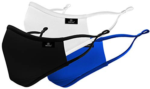 Nekava 3 Stück Premium Masken Mundschutz in elegantem schwarz, weiß, blau. Diese Stoffmasken passen zu jedem Kleidungsstill. Angenehm und wiederverwendbar.