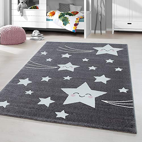 HomebyHome Kinderteppich Kurzflor Lächelnder Stern Design Kinderzimmer Babyzimmer Spielzimmer 11 mm Florhöhe Weich Rechteckig Rund Läufer Grau, Grösse:120 cm Rund