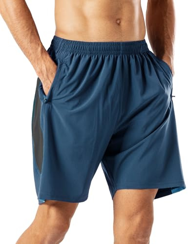HMIYA Mens Sports Shorts with Zip Pockets,Indigo,M