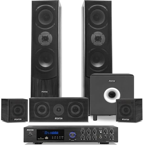 Fenton Sistema Cine en casa 5.1 con Bluetooth, Amplificador 5 Canales, subwoofer Activo 10, 5 Altavoces, USB MP3, entradas micrófono y AUX, Cables incluidos, Ideal para películas y Karaoke