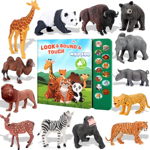 Tudoccy Safari Animals Figures Toys - 13 Realistic Wild Plastic Animal Figurines & Kids Sound Book - Educational Learning Toys Gift for 3 Years Old & Up Boys Girls Toddlers