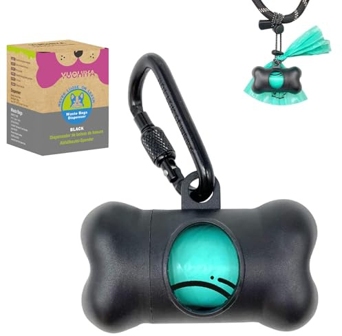 Dog Poop Pickup Bags Holder Dispenser with Standard-Sized Leak-Proof Scented Doggy Waste Bags and Carabiner with Safety Lock&Fastener Never Loose on Leash Lead Again (1 Holder 15 Bags, Black)