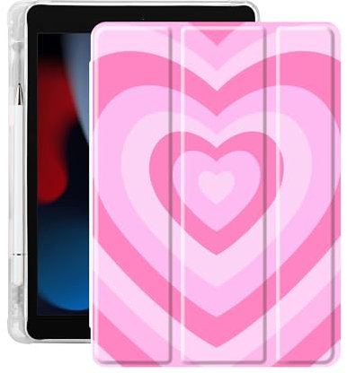 Idocolors Pink Love Heart Pad Case for 10.2 Inch iPad 7th/8th/9th Generation (iPad 2019/2020/2021) Cute Girly Anti-Scratch Shockproof with Pencil Holder Lightweight Smart Trifold Stand Cover