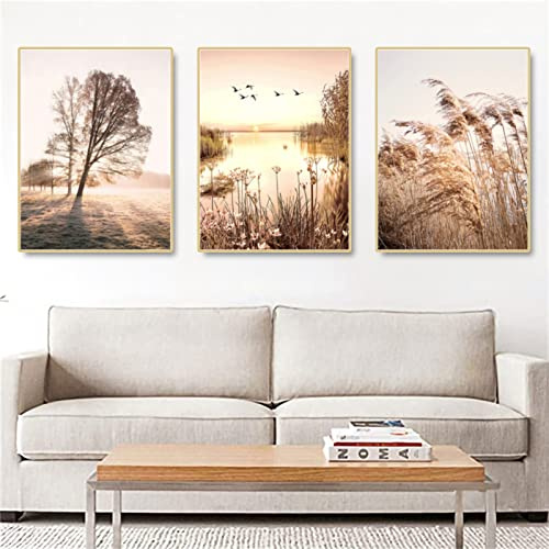 SWECOMZE 3er Set Premium Poster Set, See Gras Beige Pampas Bilder, Moderne Wandbilder für Wohnzimmer und Schlafzimmer - ohne Bilderrahmen (C,40x60cm)