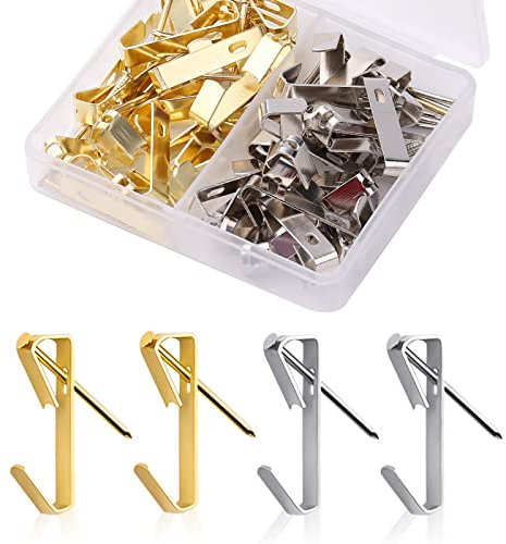 SAVITA 40pcs Crochets d'Image Robustes Acier Inoxydable 13,6kg Cintres Tableaux Crochet Mural Tableau avec Clous Crochet de Fixation Murale pour Suspendre Tableau Photo Miroir Horloge (Or, Argent)