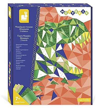 Janod - Mosaik-Set für Kinder Dinosaurier - Mysterix - Bastel-Set für Kinder - 2 Bilder zum Anfertigen - Schaumstoffaufkleber - Feinmotorik und Konzentration - Ab 7 Jahren, J07973