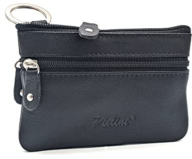 Llavero Monedero para Hombre con Cremallera. Fabricado en Piel por Pielini. 3 Cremalleras y Llavero. Espacios para Monedas, Tarjetas y Billetes. Diseñado en España (Marrón) (Negro)