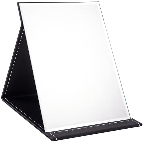 OWLKELA 25x18cm Portable Folding Mirror, PU Leather, Black HD | Compact Makeup Mirror, Free Standing Vanity, Tabletop Foldable, Travel Mirror for Home, Office, Desk