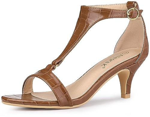 Allegra K Women's T Strap Embossed Kitten Brown Heel Sandals 7.5 M US