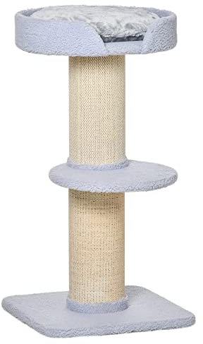 PawHut Tiragraffi ad Albero per Gatti con Lettino, Cuscino e Rivestimento in Peluche, Palo in Corda Sisal Ø16.5 cm, 45x45x91cm, Azzurro