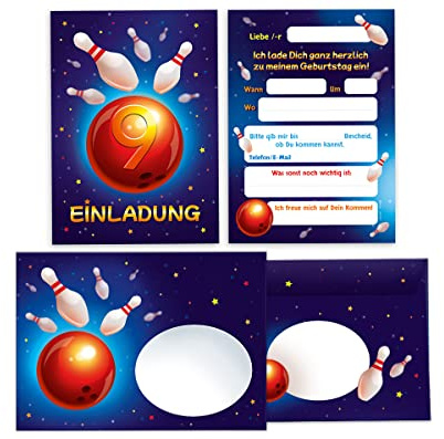 Junapack 12 Einladungskarten incl. 12 Umschläge zum 9. Kindergeburtstag Bowling Kegeln neunte Geburtstag Mädchen Jungen
