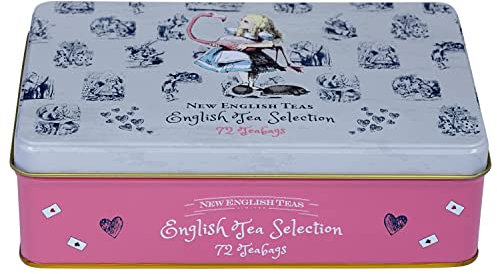 New English Teas Alice in Wonderland Tea Caddy in Pink with 72 Assorted English Tea Bags, Mad Hatter Tea Party Decorations