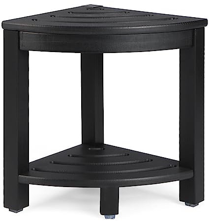 Apolimi Sgabello da doccia angolare in HDPE, sedile da doccia con ripiano portaoggetti per gambe da barba, in plastica, per spa, vasca da bagno, poggiapiedi, per bagno, piccolo posto (nero)