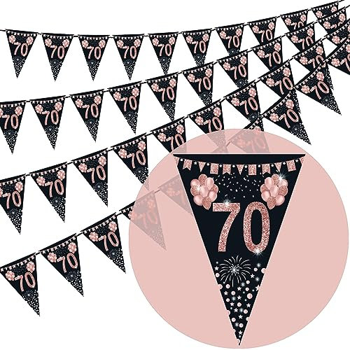 70th Birthday Bunting, Happy Banner Bunting Flags, 40 Pieces Triangle Rose Gold Glitter Diamond by Numbers 70th Birthday Anniversary Theme Party Decoration Supplies