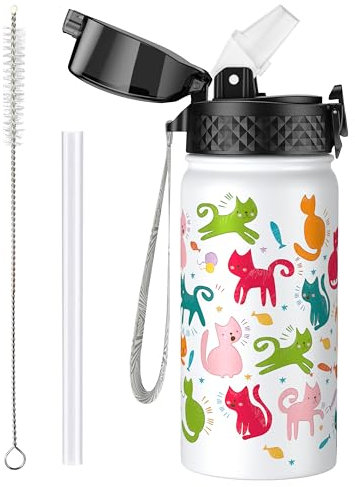 OLDLEY Botella Agua Aislada Acero Inoxidable para Niños 420ml/14oz con Pajita Reutilizable Aspiradora Metal Prueba Fugas Mantenga las Bebidas Calientes y Frías para Escuela, Niños Niñas (Gato Blanco)