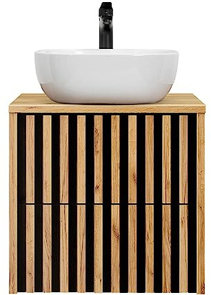 Lomadox Badmöbel Waschtisch mit Unterschrank 60 cm Keramik Aufsatz Waschbecken Eiche Nb. mit schwarz Lamellenfront B/H/T 60,4/77,5/45,5 cm