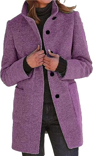 xxxiticat Manteau Femme en Laine mélangée Simple boutonnage Chaud Col montant Vestes Blazer Long Trench Coat avec Poches S-3XL, lilas, XXXL