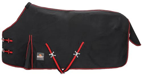 Start Stalldecke Pferd Baumwolle & Polypropylen - atmungsaktive Pferdedecke mit Kreuzgurten, Schweiflatz & Widerrist-Polsterung - robust & komfortabel - Cotton (Schwarz/Rot, 115cm (0g/m²))