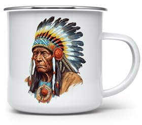 MAXIKIWI - Langlebige Emaille-Kaffee- oder Tee-Camping-Tasse für drinnen und draußen, Indianer-Dorfhäuptling, 350 ml