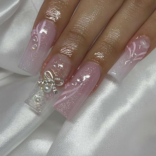 24pcs Long Square False Nails, Glitter Pink Stick on Nails Rhinestone Bow Press on Nails Removable Glue-on Nails Acrylic Full Cover Fake Nails Women Girls Nail Accessories