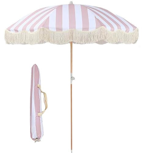 Muuyorr 180cm Sunshade With Tilting Function, Retro Tassel Garden Umbrella, Pink Striped Tassel Parasol, Beach Parasol Patio, Solid Wood Shaft, UV Protection, No Base(Pink and white stripes)