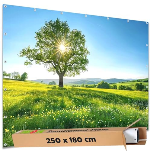 TRIOSK Sichtschutz Garten Deko Zaun Plane Blickdicht groß mit Zaunblende Motiv Blumenwiese Baum Sonnenlicht für Zaunelement Doppelstabmatten Stabmattenzaun Gartenzaun PVC 250x180 cm