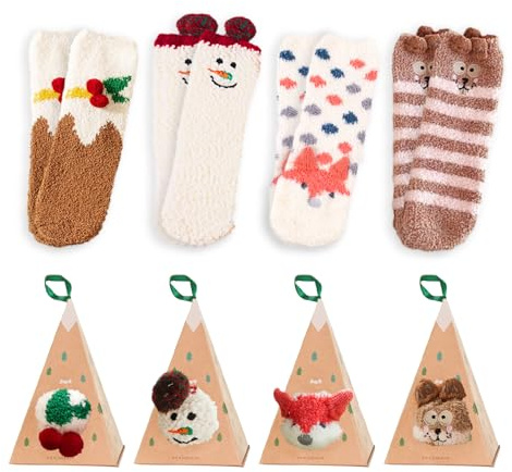 Kuaikely 4 Paia Calzini da Babbo Natale, Calze Natalizie Donna, Divertenti in Cotone, in Pile Corallo, Calze Pelose, Ragazze Regalo di Natale