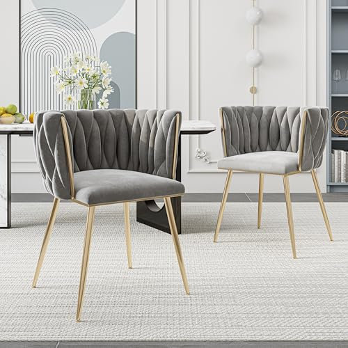 Merax Esszimmerstühle 2er Set, Moderner Sessel mit Armlehne und Gebogene Rückenlehne, handgewebtem Design, Samt Gold Beine Küchenstuhl, Kosmetikstuhl, für Wohnzimmer Schlafzimmer Büro, Grau