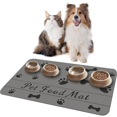 JSTHHTT Tapis d'alimentation pour Chiens et Chats, Tapis de Nourriture pour Chien, Tapis d'alimentation en Silicone, Tapis gamelle Chien, Tapis de gamelle Absorbant pour Les sols 50 x 30 cm, Gris