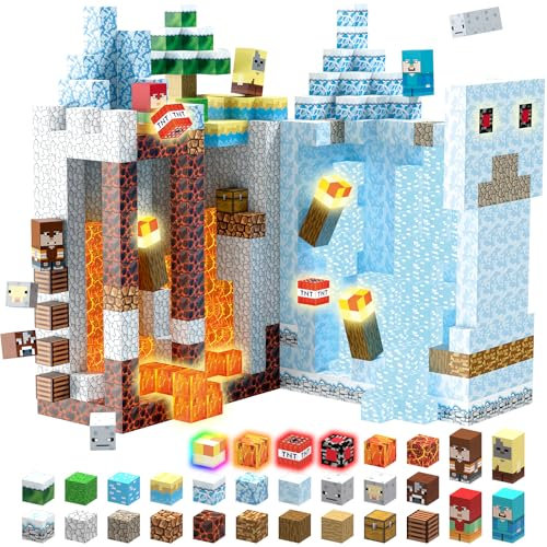 TUKIIE Magnetic Blocks, 200PCS 1inch Magnetic Building Blocks Build Ice Lava Castle Worlds, Light up Magnet Blocks Construction Cube Toys Montessori Birthday Gifts for Kids Ages 3+ Girls Boys