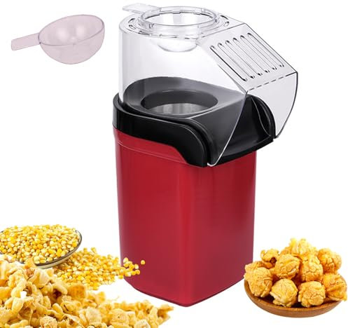 1200W Electric Popcorn Maker, 1L Large Capacity Automatic Hot Air Popcorn Machine, Healthy Oil Free, Even Heating, Stainless Steel Inner Pot, One Touch Visible, for Kids Home Party Movie Night
