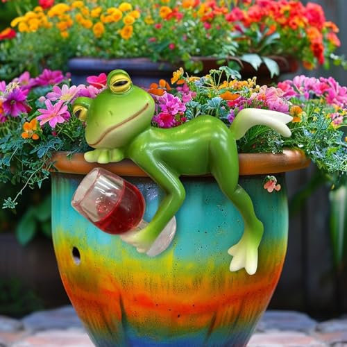 FONDUO Teichdeko Frosch Figuren Deko Frühling Garten Deko für Draußen Wetterfest Harz Gartenfigur Blumentopf Hängend Decor Gartendeko Statue Für Außen Garten Teich Gartenteich Zaunhocker (C)