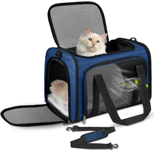 Lohofrnny Bärväska, djurtransport för katter och hundar upp till 5 kg, bärbar hopfällbar djurtransport med axelrem för medelstora och små husdjur (mörkblå, 43 x 28 x 28 cm)