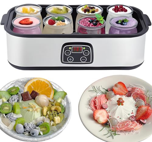 Yaourtière automatique 1400 ml avec 8 bocaux en verre, température réglable de 20 °C à 55 °C, minuterie 48 h, affichage LED pour cuisine cadeau santé
